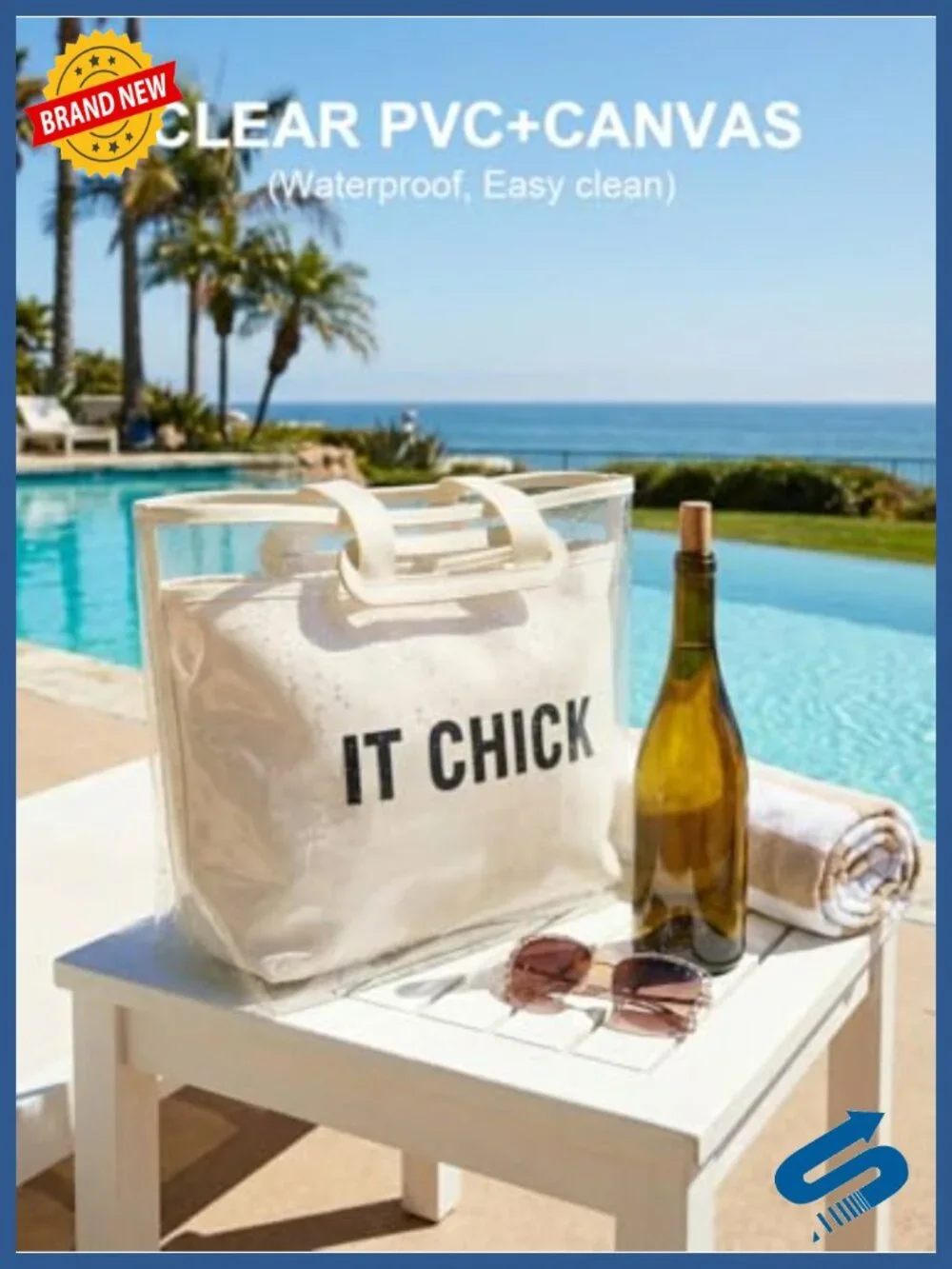 Large Waterproof PVC Tote Bag for Women, Detachable 2-in-1 Canvas Work & Beach